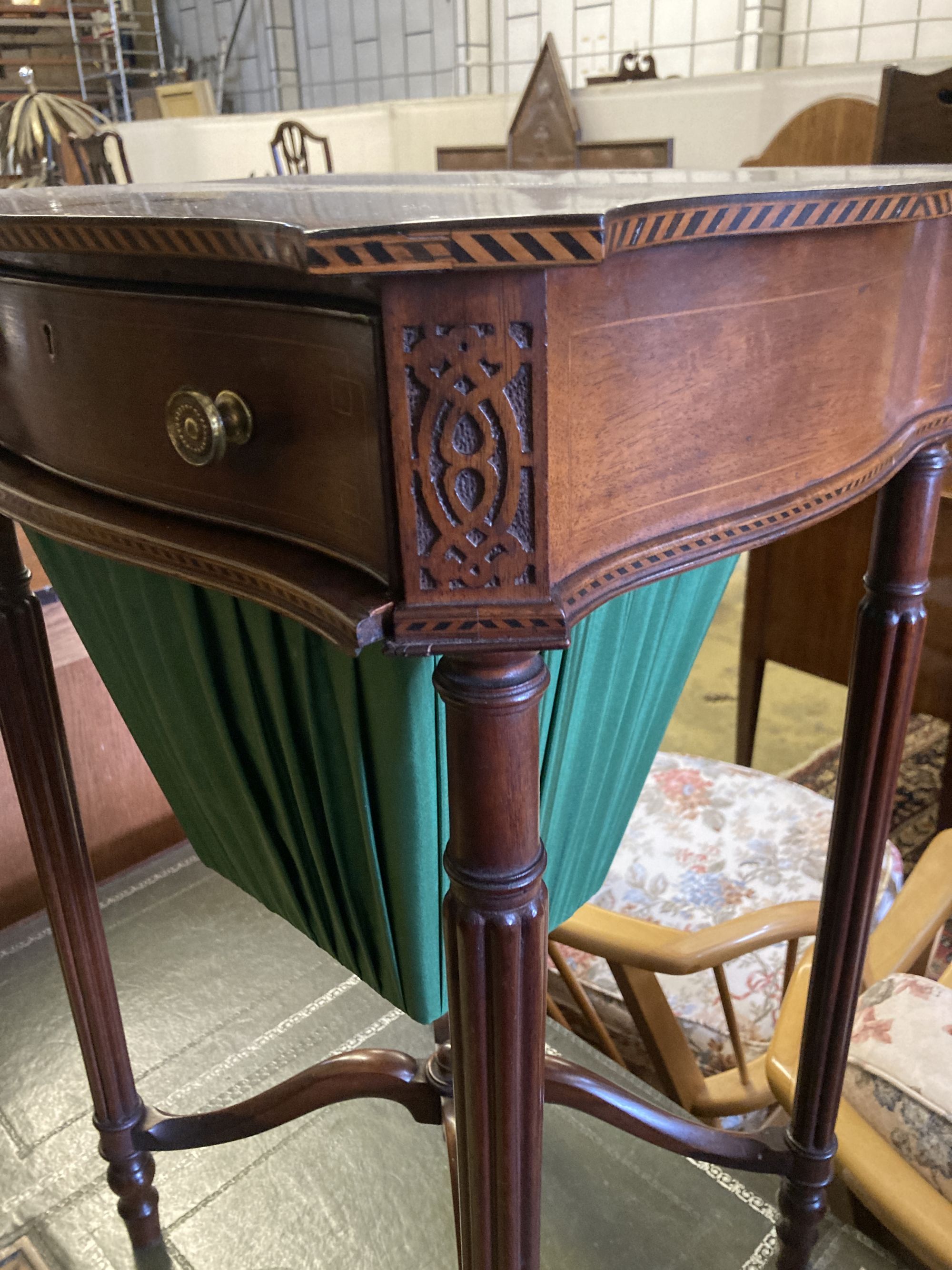 A Regency design inlaid mahogany sewing table, width 47cm, depth 40cm, height 75cm